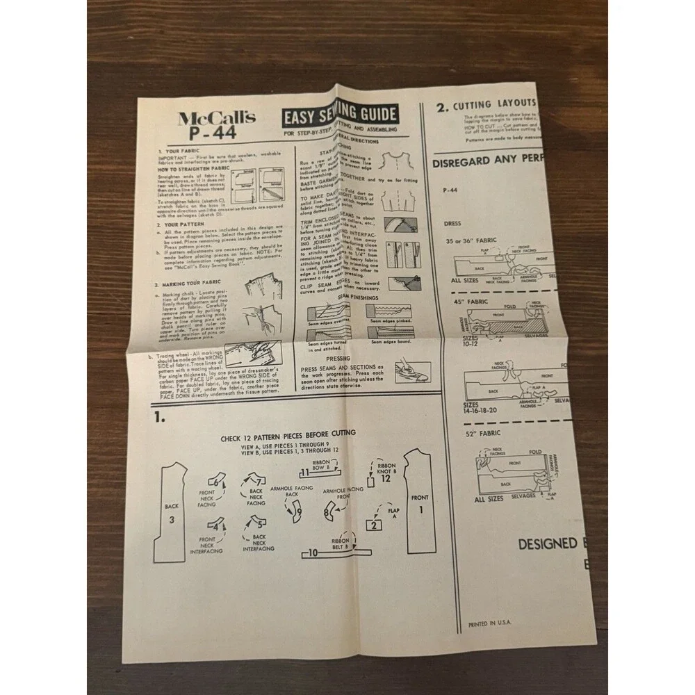 McCall's Sewing Pattern P-44 1960's Misses Dress Versatile Shift Size 10 12